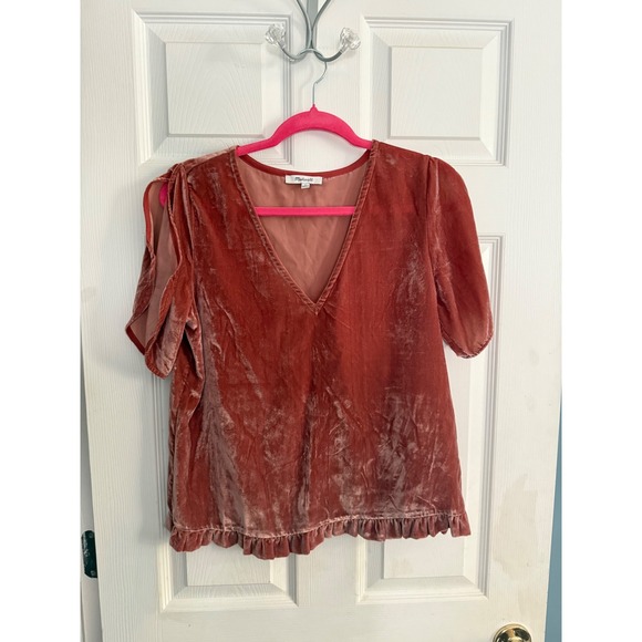 Madewell Velvet Top Ruffle Hem V Neck Short Sleeve Rust Orange Brown Small - Picture 1 of 8